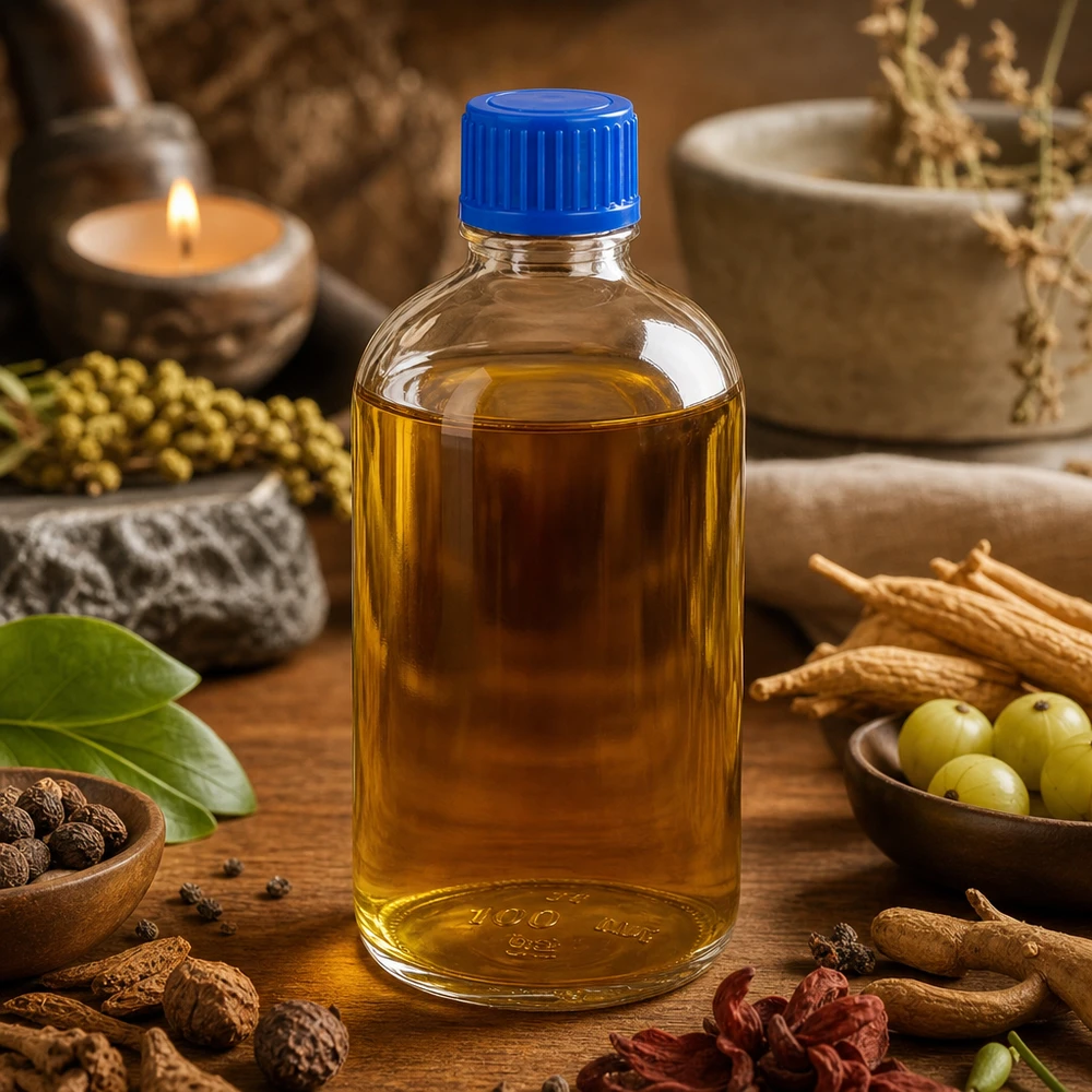 Ayurvedisk oljeflaska 100 ml ClearLine UT18, klart glas, blå skruvkork 11 mm SV