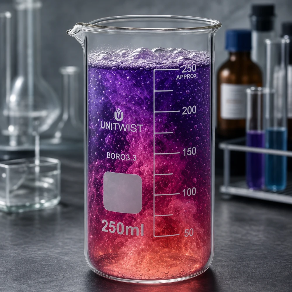 UNITWIST Bägare, 250 ml, hög modell, med violetröd reaktionsvätska och bubblor