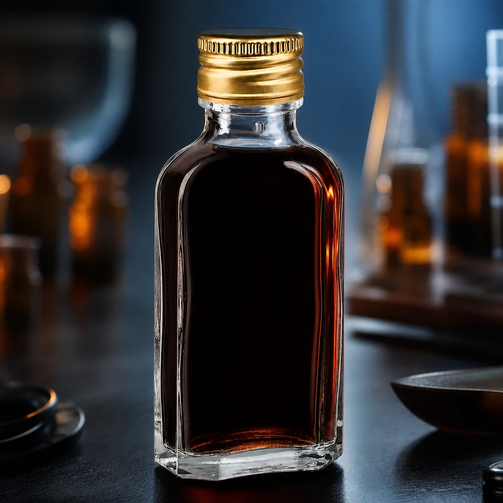 Miniatyrflaska i klart glas, 50 ml, med mörkbrunt innehåll och guldfärgat skruvlock i aluminium, PP22