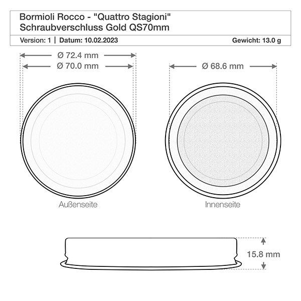 700ml rund burk "Quattro Stagioni" med lock Teknisk ritning Quattro Stagioni 700ml lockmått 72,4mm ytterdiameter QS70 skruvlock guld Bormioli Roc