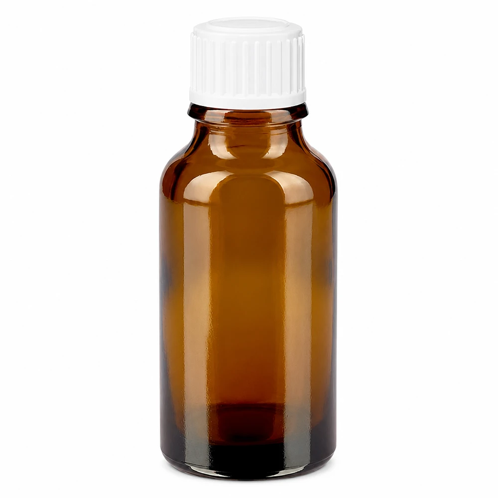 Apoteksflaska brun 20ml skruvlock vit standard 20 ml brun apotekarflaska i glas med vitt skruvlock, 11 mm standard