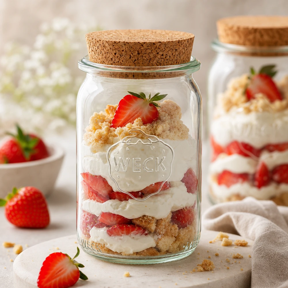 145ml cylinderburk WECK RR40 med kork natur WECK konserveringsburk 145ml med korklock kan användas som en dessertburk med jordgubbstårta skiktad dessert tiramisu i en burk
