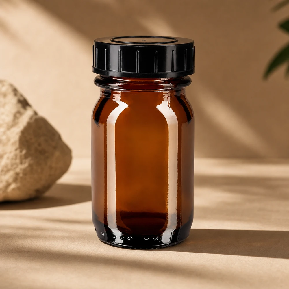 Liten bärnstensfärgad glasflaska 30 ml med bred öppning för enkel påfyllning och tömning