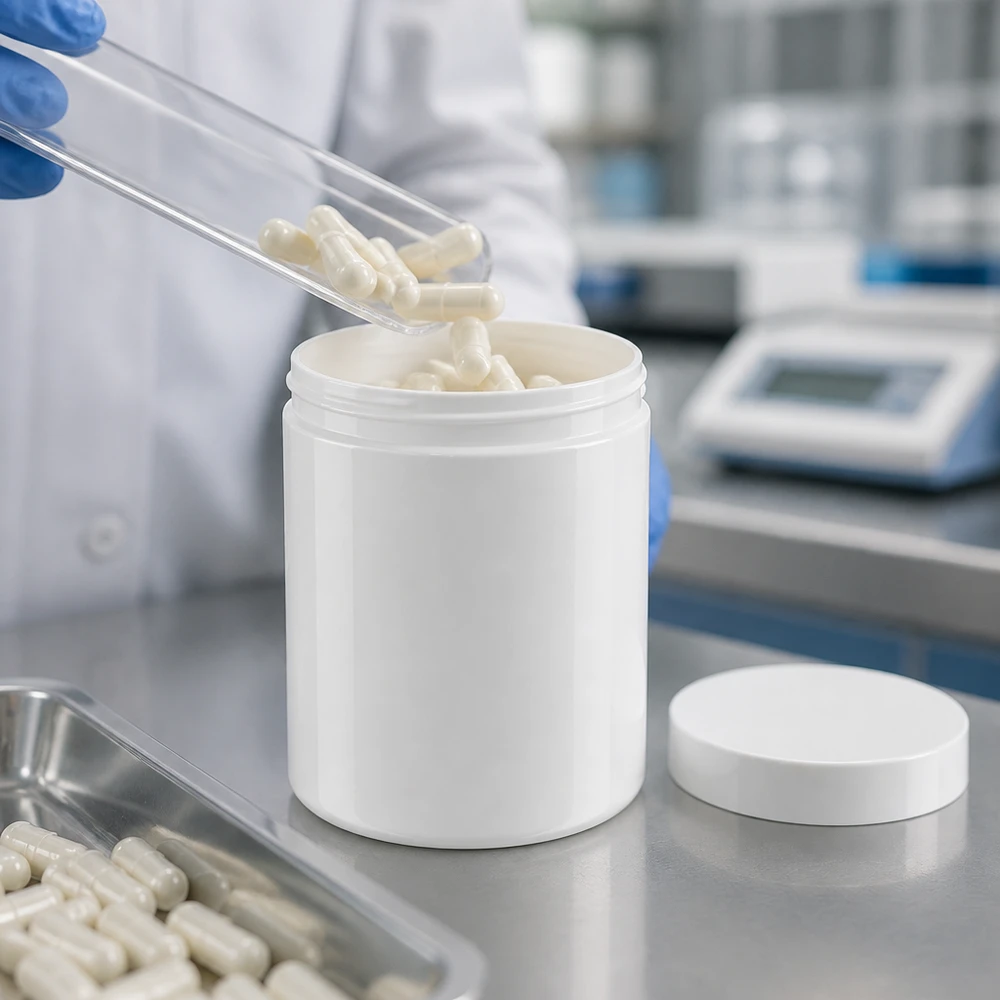 Salvburk 300g vit med vitt skruvlock (polypropylen) En laboratorieassistent fyller kapslar i en vit 300 g-salvburk av polypropen med skruvlock