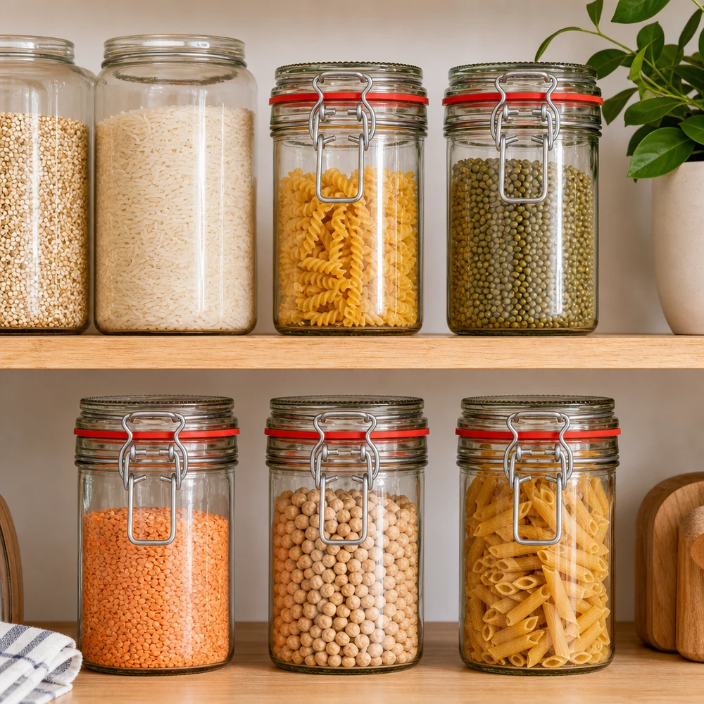 272 ml förvaringsburk av typ G med båglock UN.. Förvaringsburkar med svängbar topp fyllda med pasta ris linser kikärtor organiserad köksförvaring skafferi
