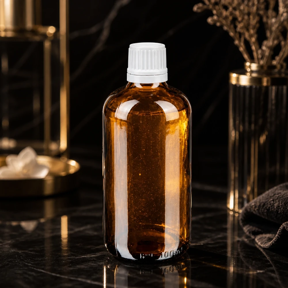 Apoteksflaska brun 100ml droppflaska 1,2mm vitt manipuleringssäkert lock En brun droppflaska på 100 ml med vit originalförslutning, elegant framhävd mot svart marmor