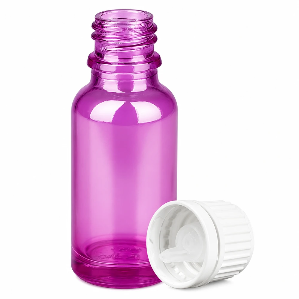20 ml violett glasflaska med vitt dropplock för eteriska oljor och serum