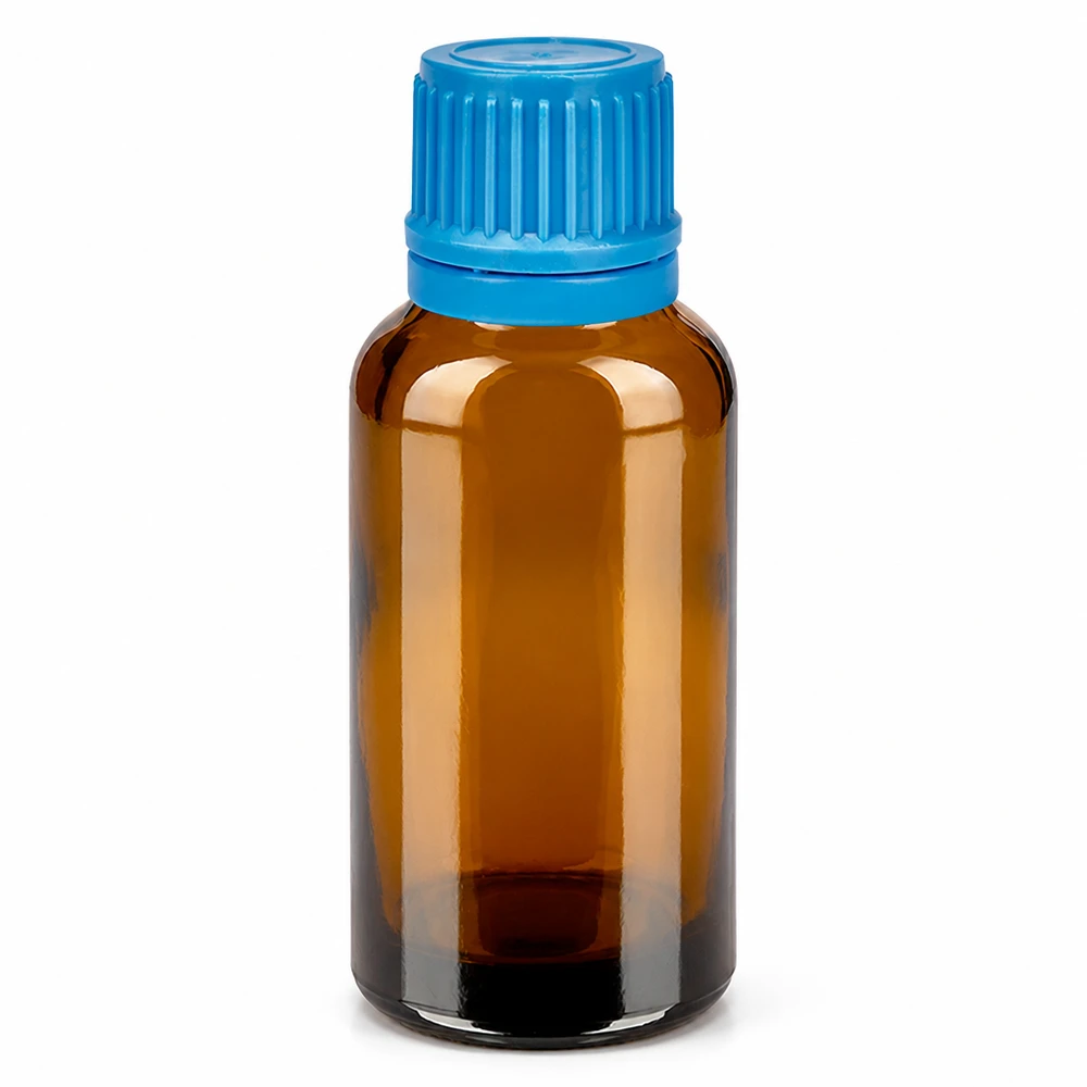 30 ml bärnstensfärgad glasflaska med blått skruvlock för eteriska oljor och läkemedel
