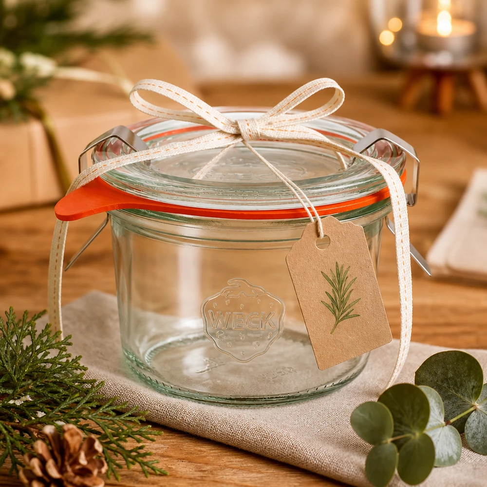 80ml Krossade glasögon komplett WECK RR60 80ml WECK RR60 tumblers i presentförpackning med band och etikett i en mysig juldekoration