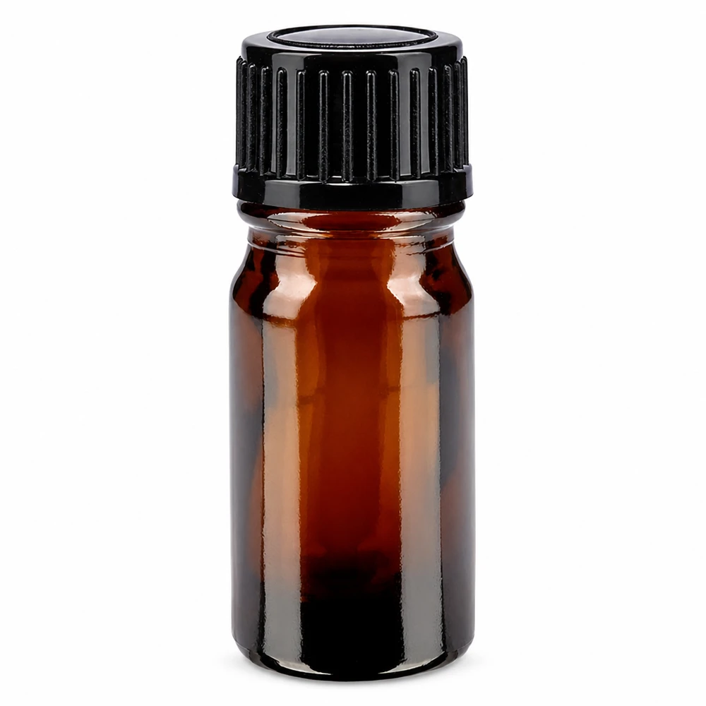 Apoteksflaska brun 5ml skruvkork svart standard 5 ml brun apotekarflaska i glas med svart standardlock, 11 mm