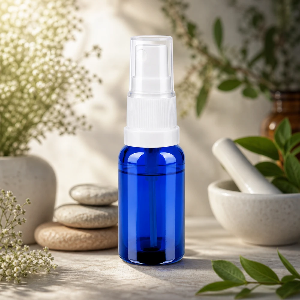 Praktisk 20 ml glassprayflaska i blått med ergonomiskt vitt sprayfäste för användning i farten
