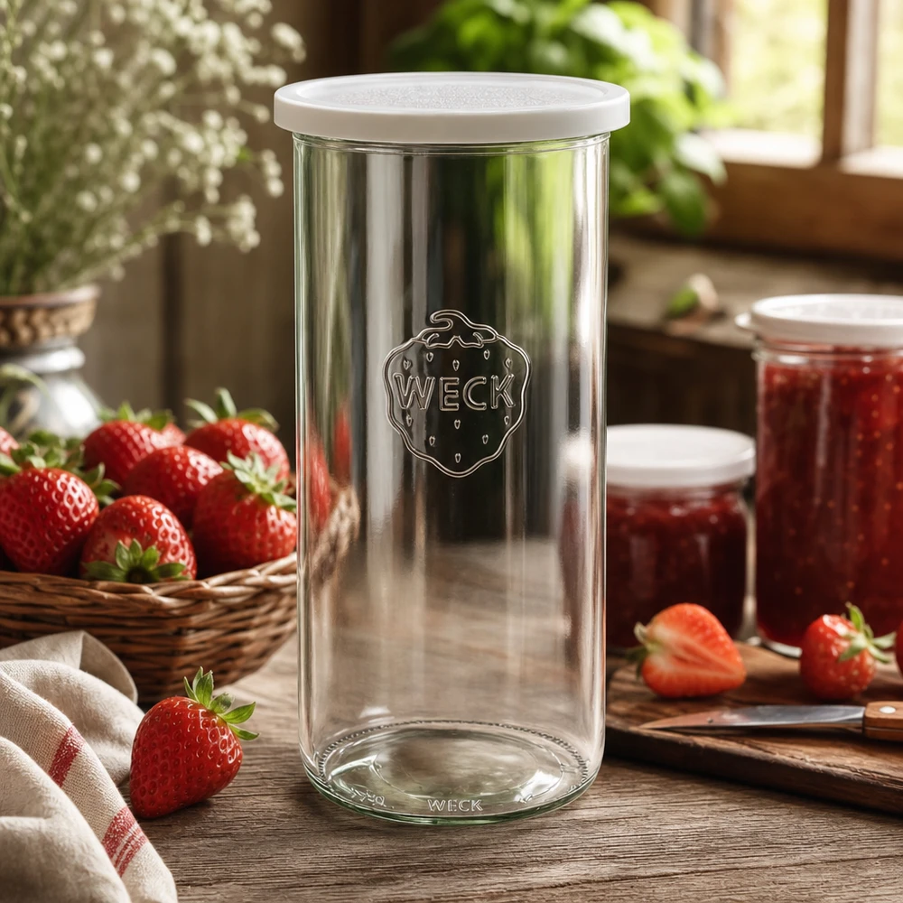 WECK förvaringsburk 1500ml RR100 i ett rustikt kök med jordgubbar och syltburkar som livsstilsfoto