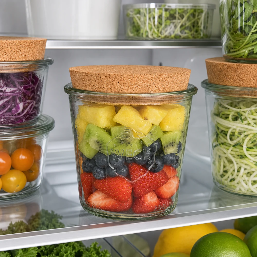 290 ml Krossade glasögon WECK RR80 med naturkork WECK glas 290ml RR80 med korklock för förvaring av färsk frukt i kylen Meal Prep