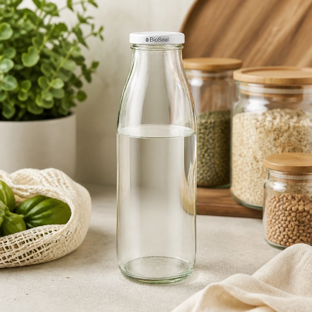 500 ml glasflaska + BioSeal-lock vit UNiTWIST 500ml Glasflasche leer mit weißem BioSeal Deckel in nachhaltiger Küche zwischen Vorratsgläsern und Bio-Gemüse