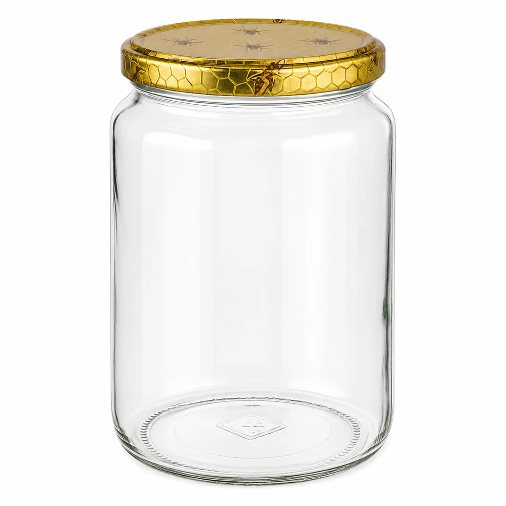 1000 g honungsburk med honungskakemönstrat lock BasicSeal UNiTWIST Leeres 1000g Honigglas aus Glas mit goldenem Bienenwaben-Deckel und Bienen-Motiv für Honig Imkerei Vorratsglas