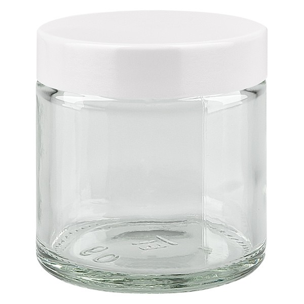 60 ml glasburk. klar, med lock av vit bakelit ApoGlas 60 ml glasburk. klar, med lock av vit bakelit ApoGlas