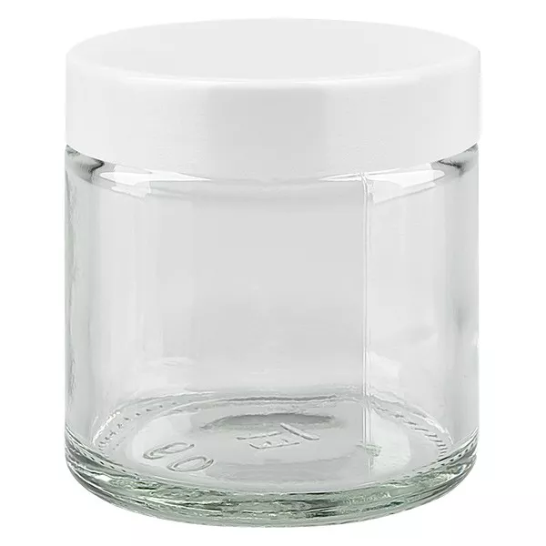 60 ml glasburk. klar, med lock av vit bakelit ApoGlas 60 ml glasburk. klar, med lock av vit bakelit ApoGlas