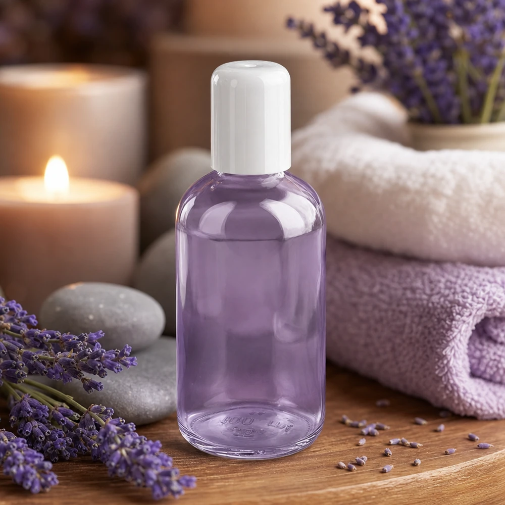 100 ml vit roll-on-flaska ClearLine UT18/100 fylld med lavendelolja i en spa-miljö