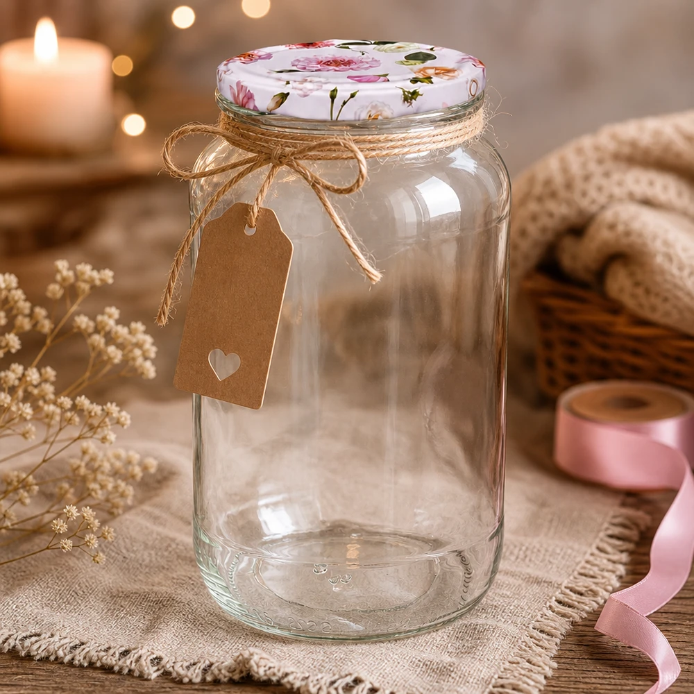 1062ml rund burk + BasicSeal-lock blomma rosa UNiTWIST Dekorativ rund burk 1062 ml med lock i form av en rosa blomma BasicSeal och presentetikett Rustik presentation