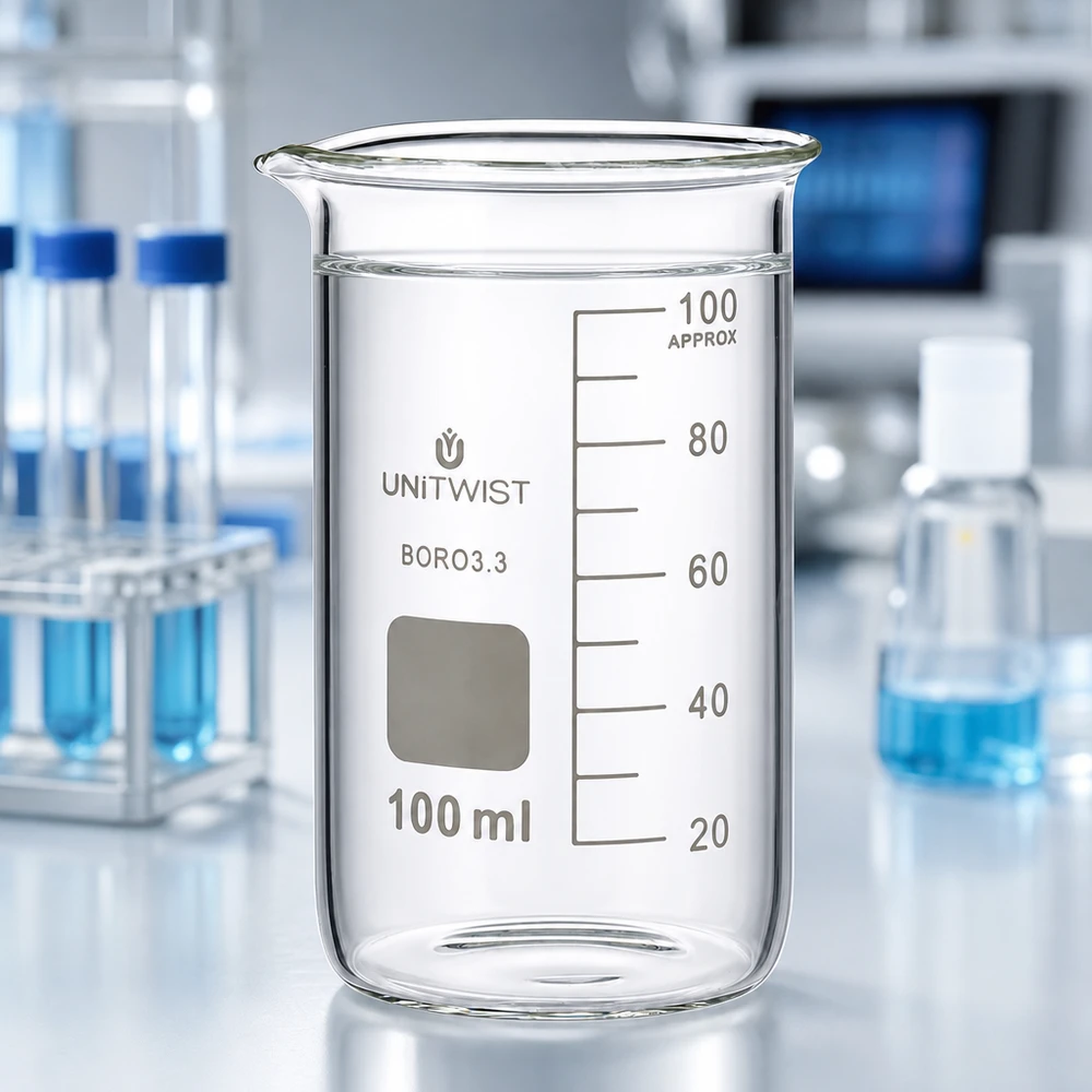Bägare 100ml borosilikat, hög form UNiTWIST Tomt bägarglas, 100 ml, hög form, borosilikatglas 3.3 UNITWIST med märkningsfält på ett vitt laboratoriebord