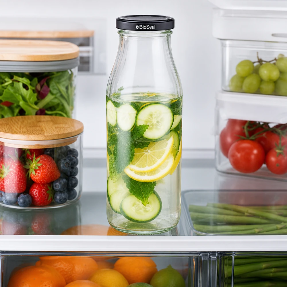 500 ml glasflaska med vatten med gurka och citron i kylen bredvid färsk mat i förvaringsbehållare
