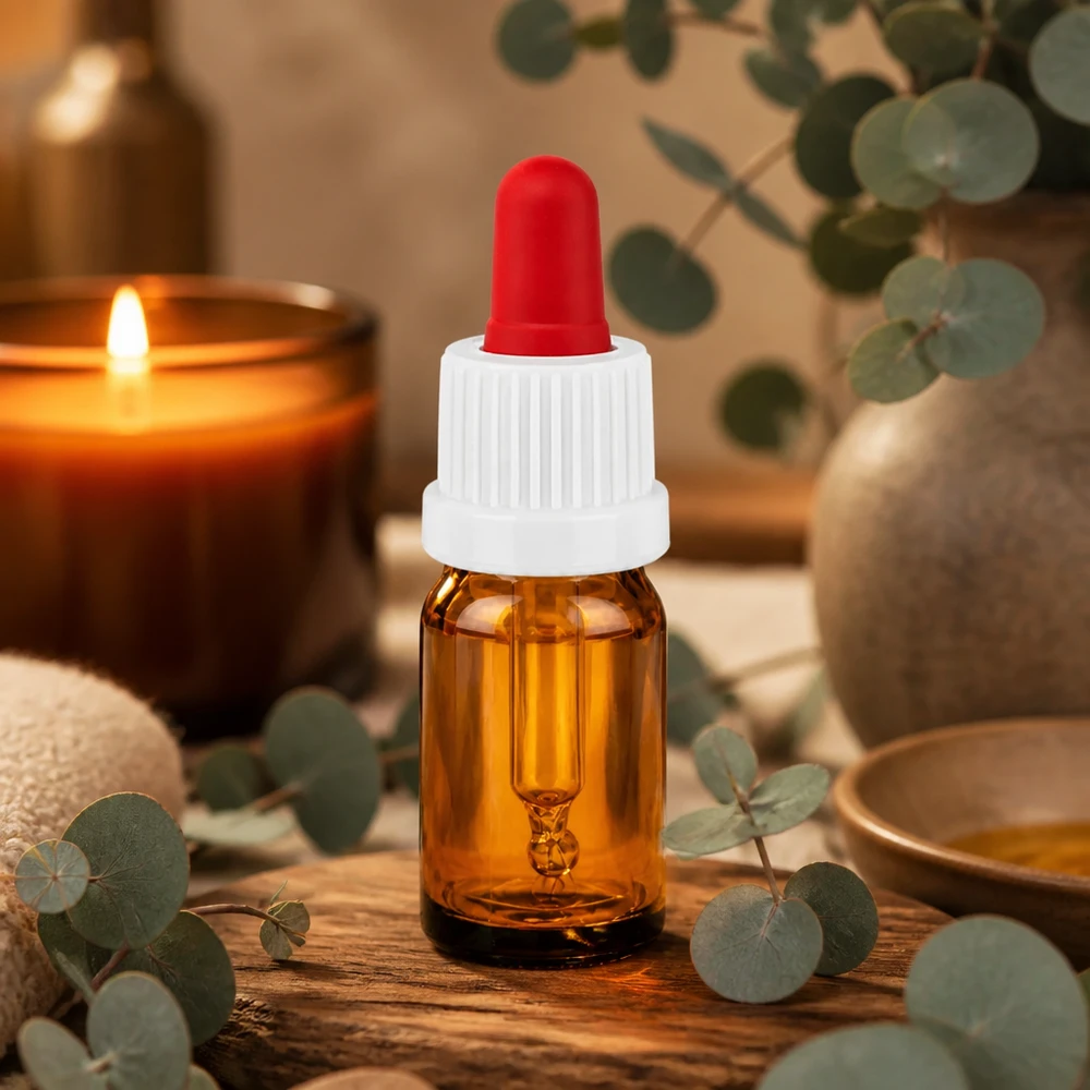 Liten 5ml pipettflaska i bärnstensfärgat glas med vitt och rött lock för eteriska oljor