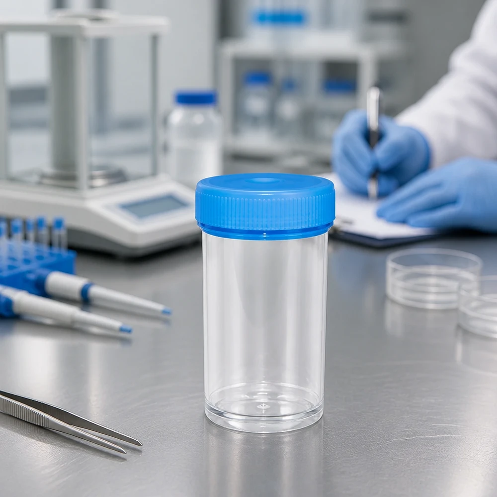 Sterilt provrör på 50 ml av genomskinligt polypropen med blå skruvlock för användning i laboratoriemiljö