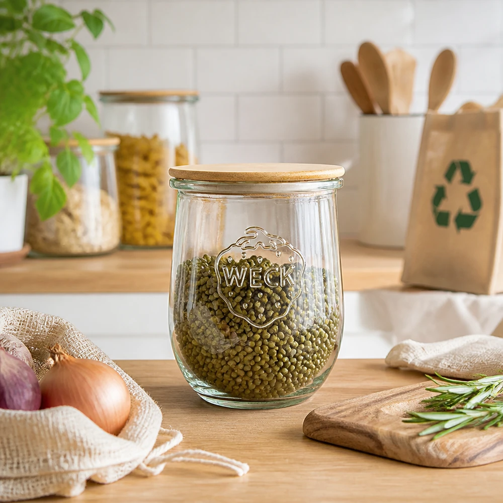 1062ml WECK RR100 tulpanburk med trälock WECK Tulpenglas 1062ml RR100 mit Holzdeckel als stilvolles Vorratsglas für Hülsenfrüchte in moderner Küche