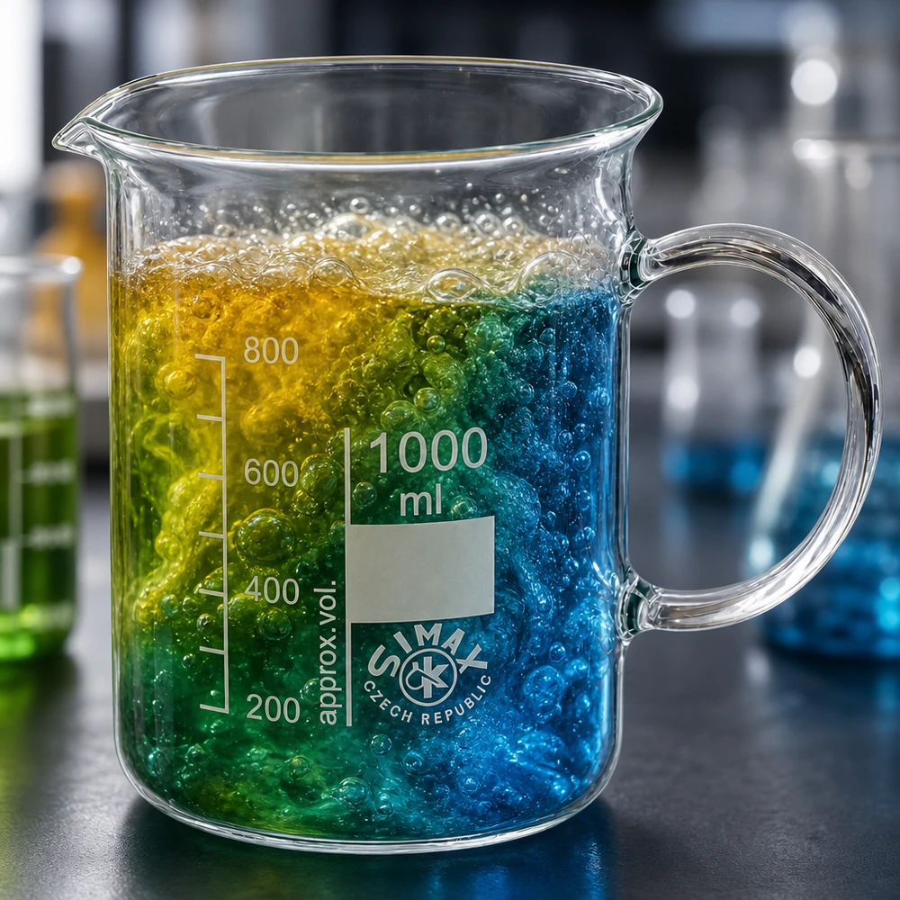 1000 ml bägare med handtag och färgad reagensblandning i blått, grönt och gult i laboratoriet