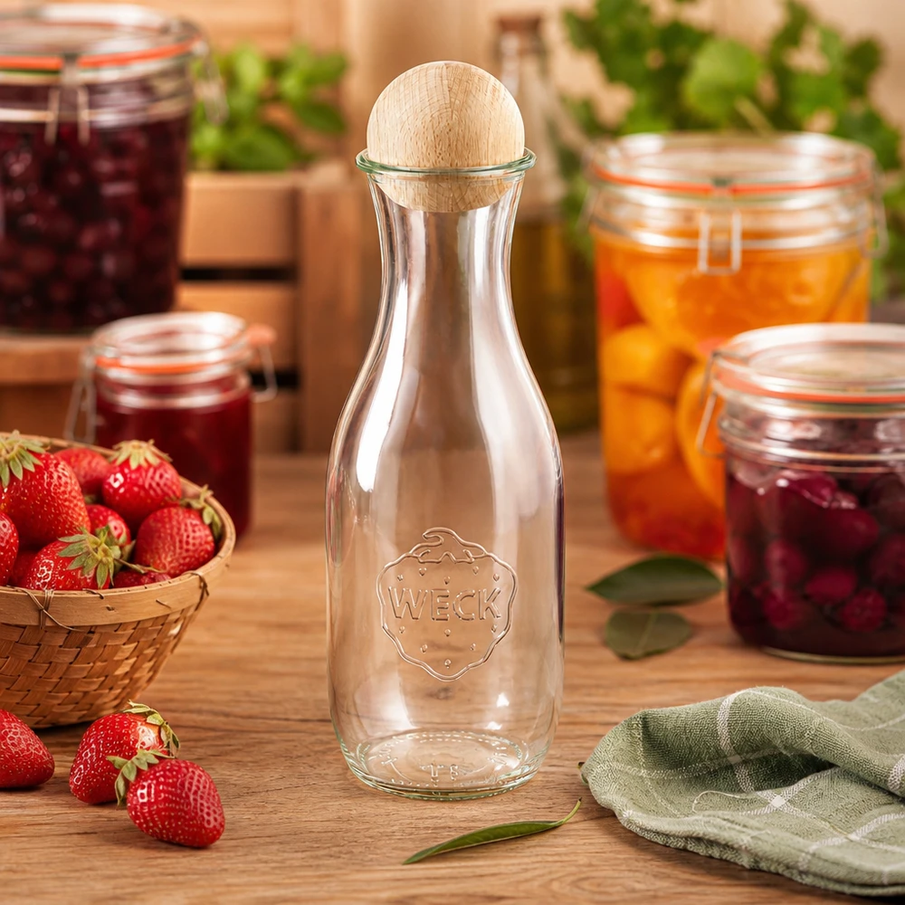 1062ml juiceflaska WECK RR60 med träkula bok WECK glasflaska 1062ml i kök med syltburkar jordgubbar och kulkapsyl i träbok
