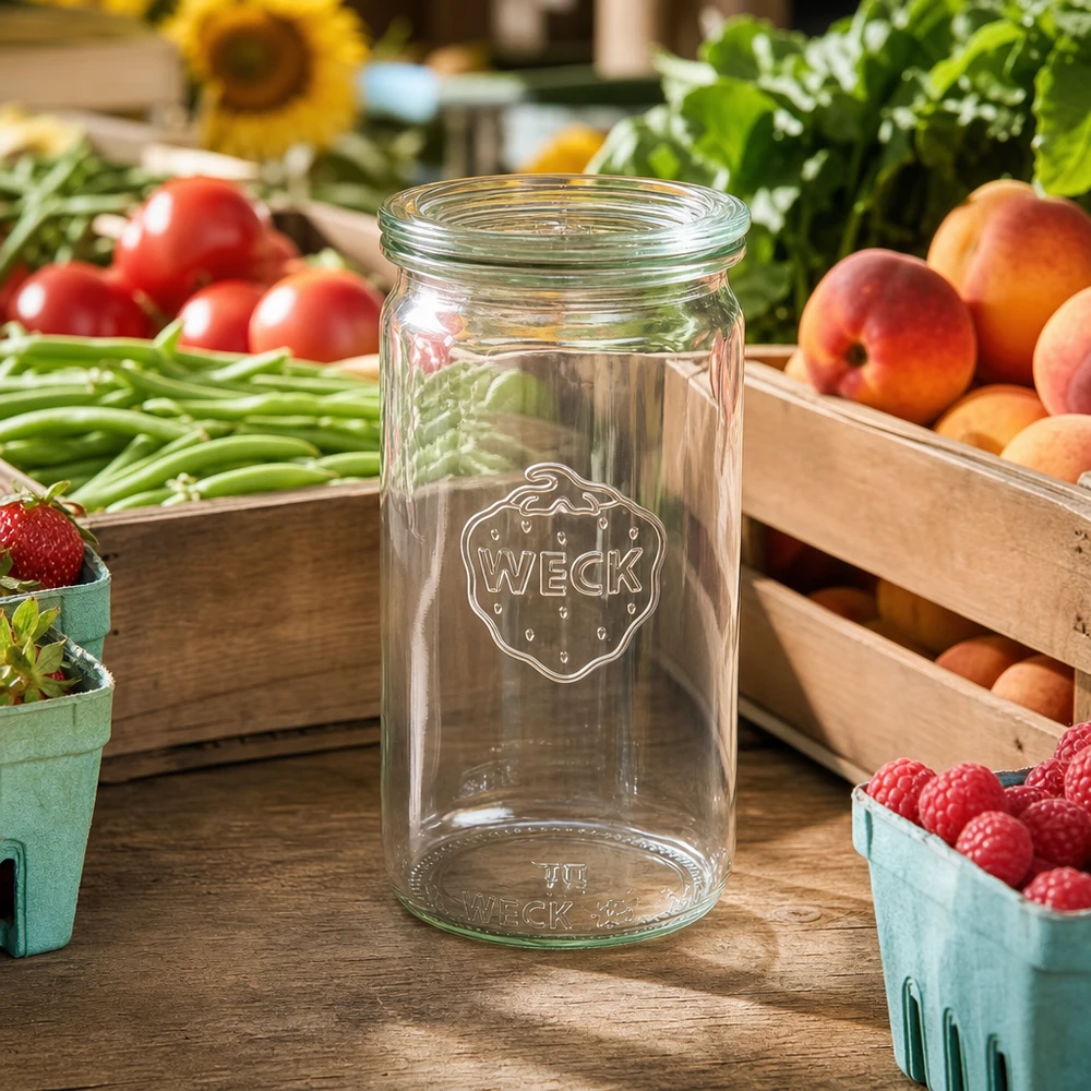 WECK 340 ml cylinderburk RR60 transparent på träbord omgiven av färsk frukt grönsaker och bär marknadsstånd atmosfär