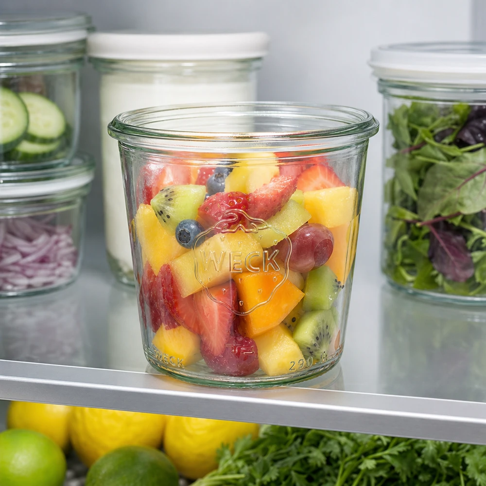 290 ml WECK höga RR80-glas fyllda med färgglad fruktsallad i kylen bredvid andra konserveringsburkar