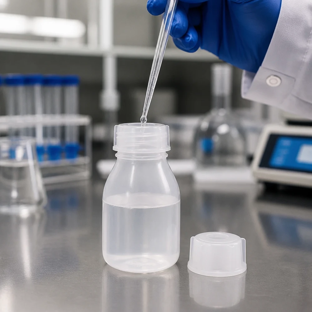 Laboratorietekniker pipetterar vätska i en 10 ml skruvflaska med smal hals av PP med en blå handske
