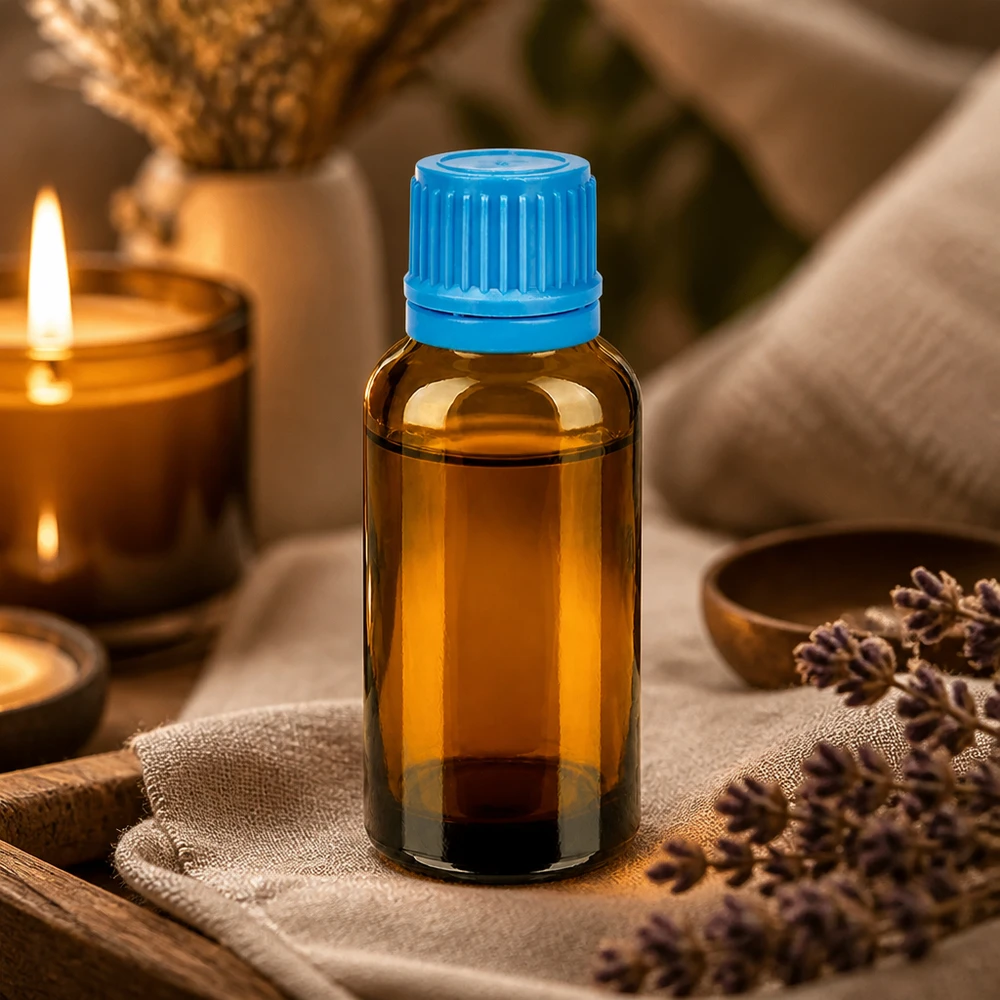 30 ml bärnstensfärgad glasflaska med texturerat blått lock för exakt dosering