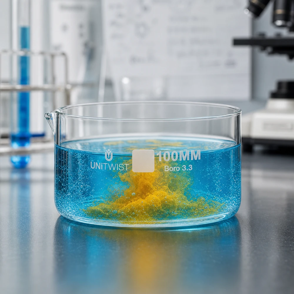 Kristallisationskärl ø100 mm, borosilikatglas UNiTWIST Kristallisationsskål 100 mm UNiTWIST Utfällningsreaktion blå gul Borosilikatglas Laboratorium