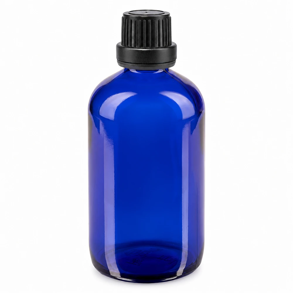 Apoteksflaska blå 100ml skruvkork svart säkerhetsförslutning 100 ml blå apotekarflaska i glas med svart skruvlock, 11 mm