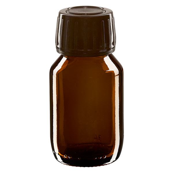 50 ml medicinflaska brun, brun kapsyl med säkerhetsring ApoGlas 50 ml medicinflaska brun, brun kapsyl med säkerhetsring ApoGlas
