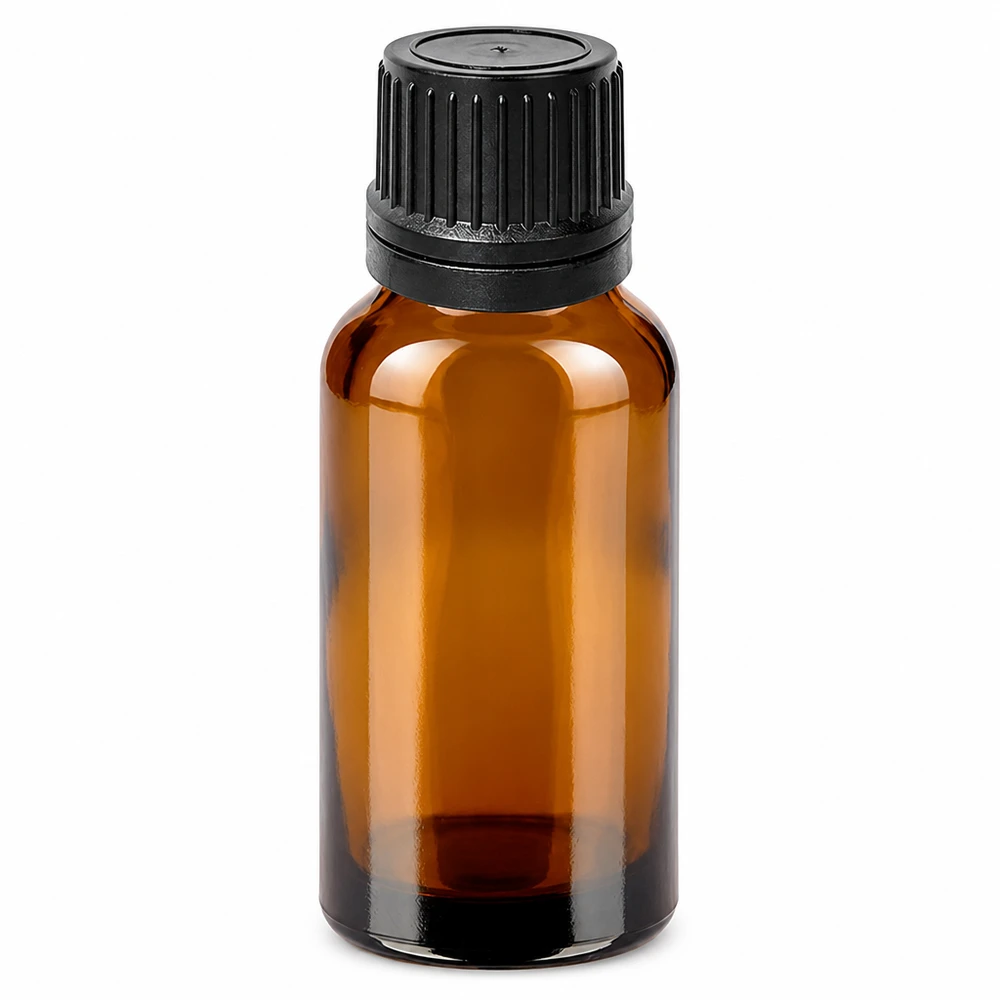 20ml Droppflaska 1mm svart med säkerhetsförslutning BrownLine UT18/20 20 ml droppflaska i bärnstensfärgat glas med svart lock för eteriska oljor och kosmetika