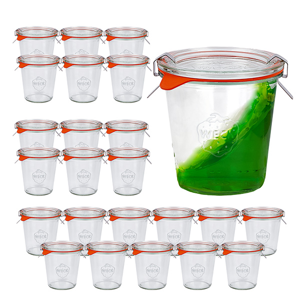 Set med 24 Weck Krossade glasögon 290ml höga, 1/5 liters burkar