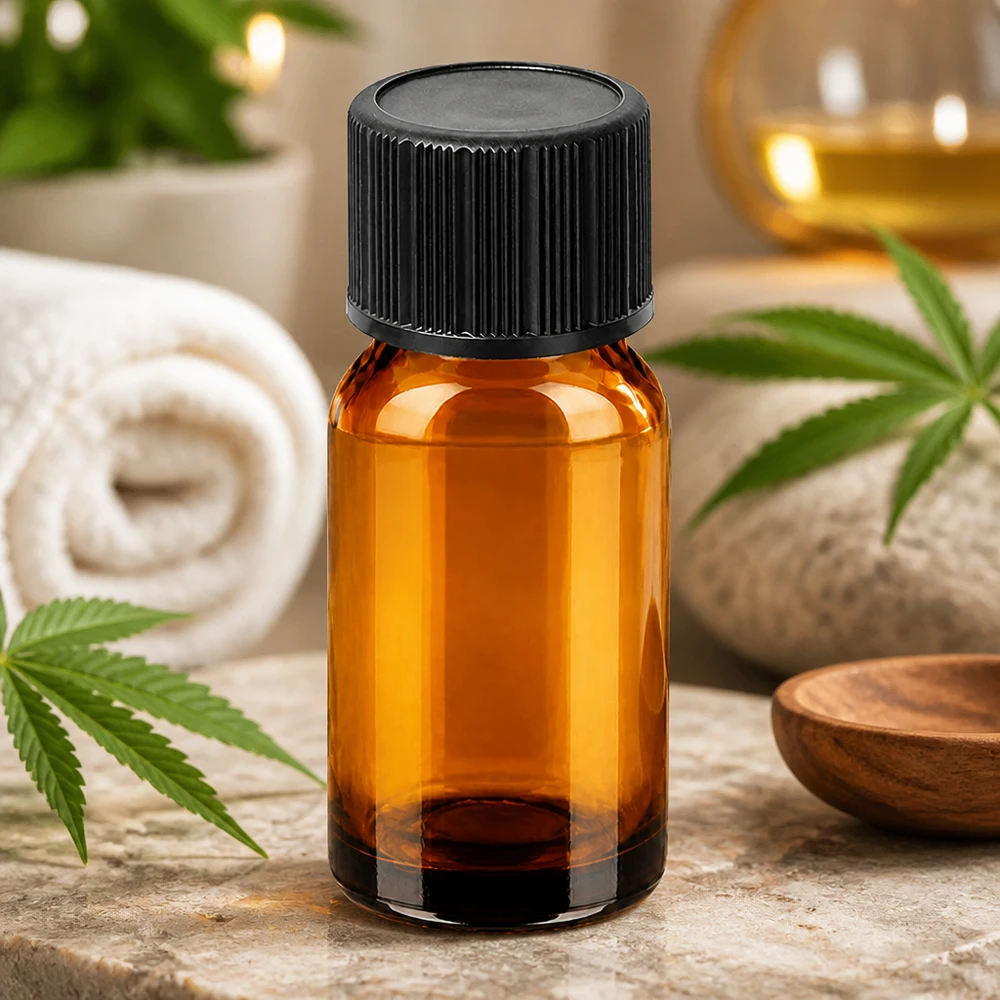 Bärnstensfärgad glasflaska 10 ml med svart dropplock för aromaterapi och kosmetika