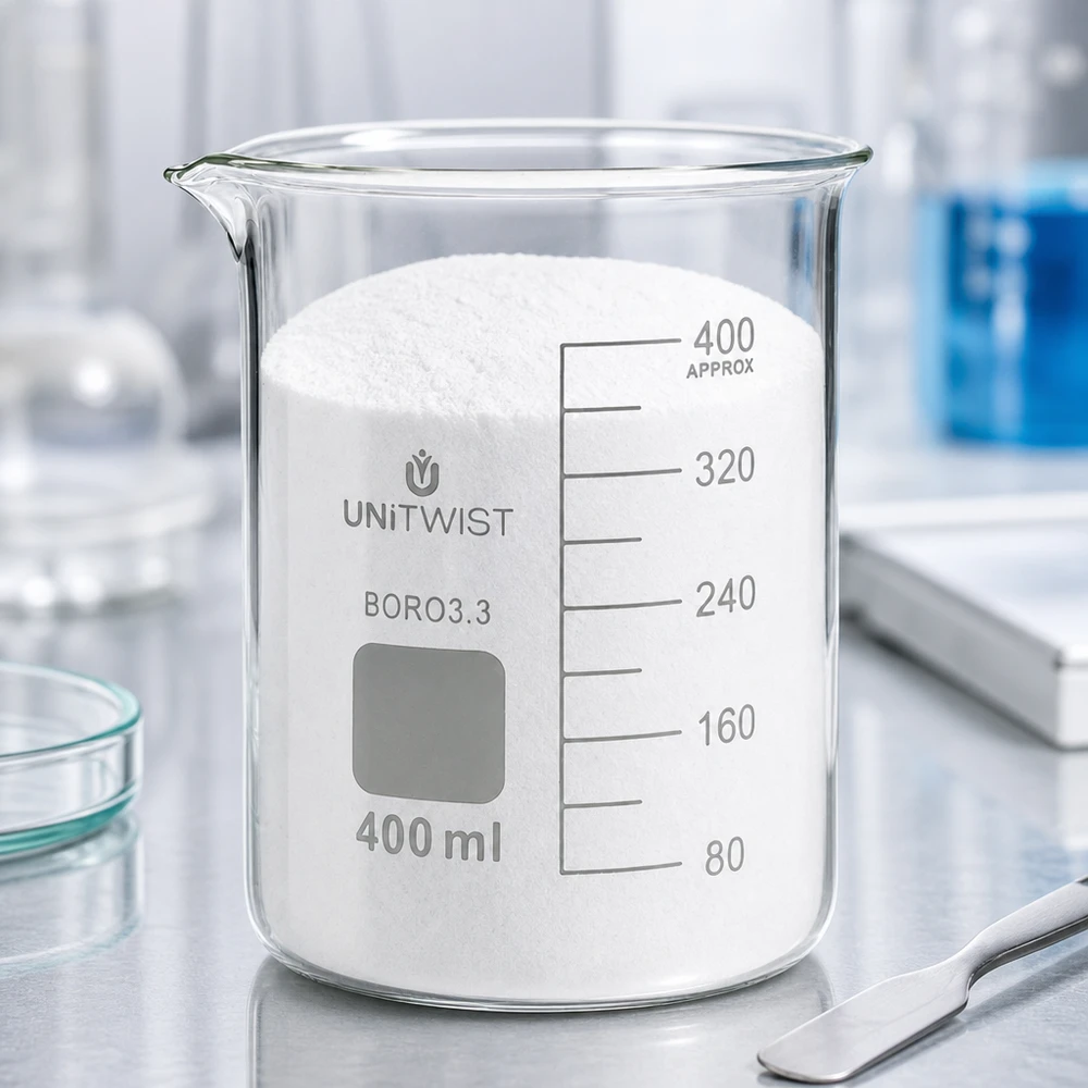 Bägare 400ml borosilikat, lågformad UNiTWIST UNiTWIST-bägare, 400 ml, låg form, fylld med vitt pulver på ett laboratoriebord