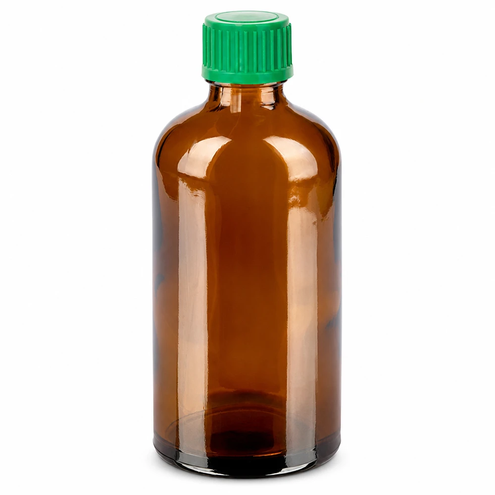 100 ml bärnstensfärgad glasflaska med grönt 11 mm skruvlock för säker förvaring