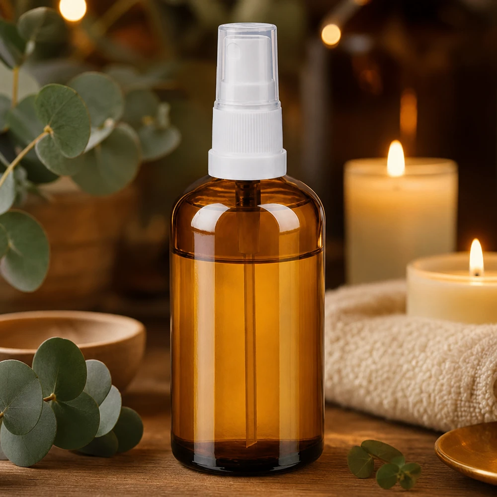 100ml Sprayflaska vit/transparent standardlock BrownLine UT18/100 Elegant 100 ml sprayflaska i bärnstensfärgat glas med transparent atomiserare för aromaterapi