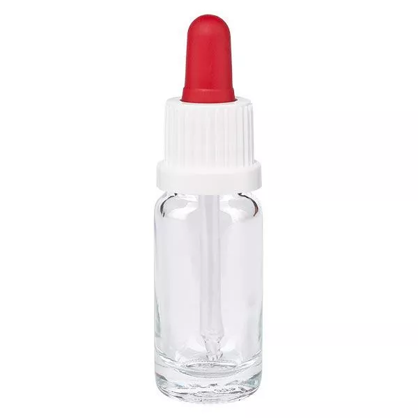 Apoteksflaska klar 10ml pipett vit/röd med säkerhetsförslutning Apoteksflaska klar 10ml pipett vit/röd med säkerhetsförslutning