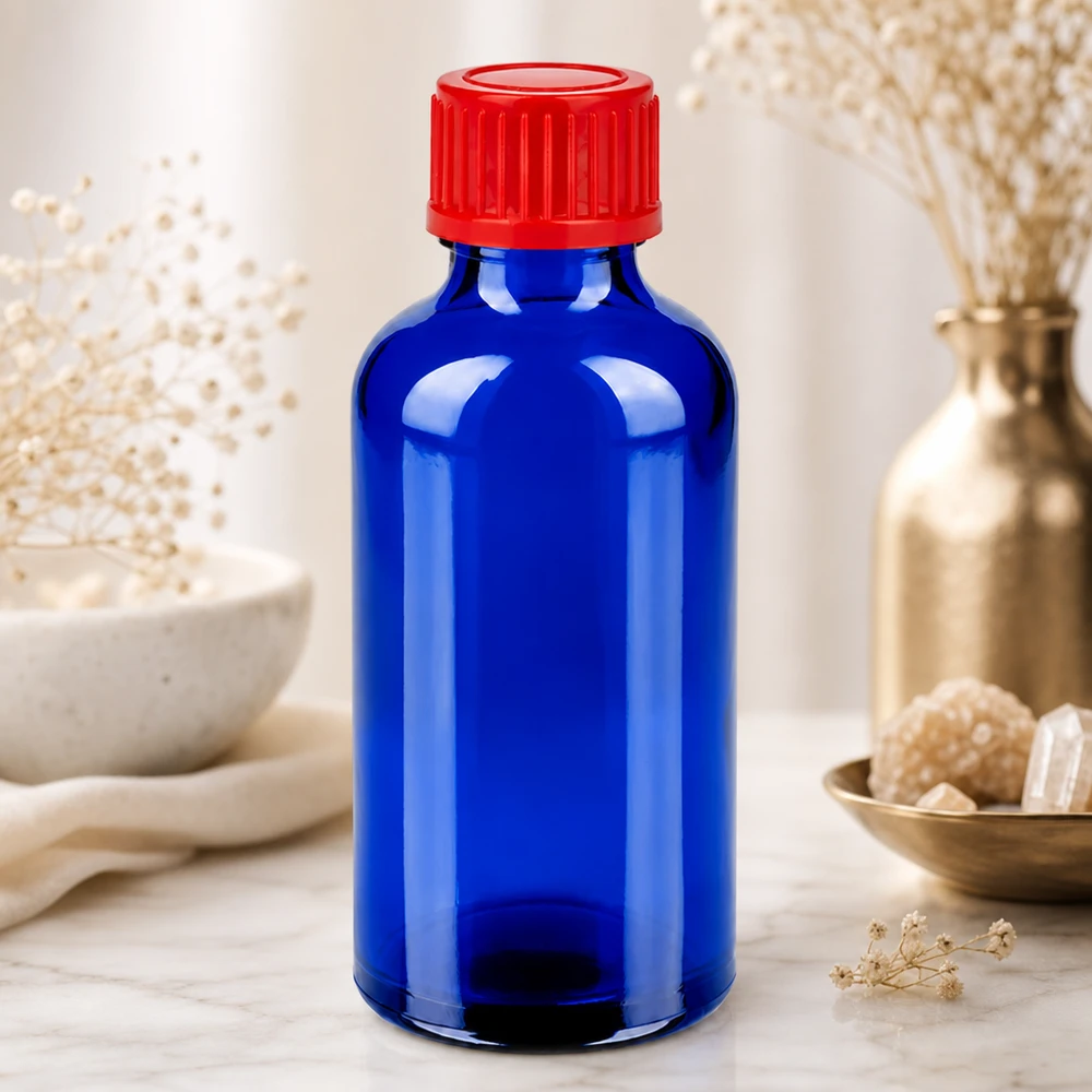 50ml flaska 11mm skruvkork röd standard BlueLine UT18/50 Kompakt 50 ml glasflaska BlueLine UT18/50 med praktiskt 11 mm skruvlock för daglig användning