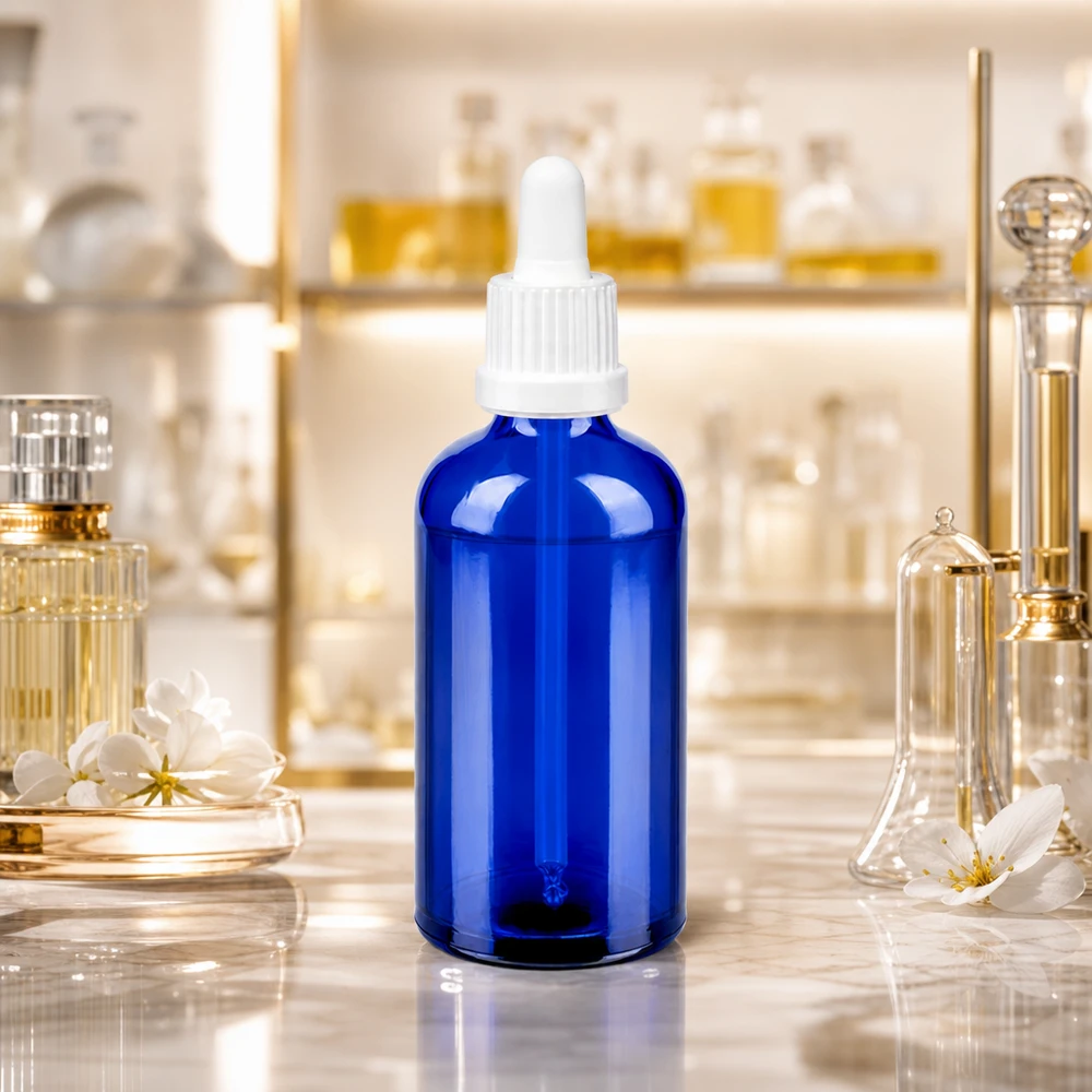 100 ml pipettflaska vit med säkerhetsförslutning BlueLine UT18/100 100 ml bärnstensfärgad glasflaska med pipett BlueLine UT18/100 för ljuskänsliga ämnen