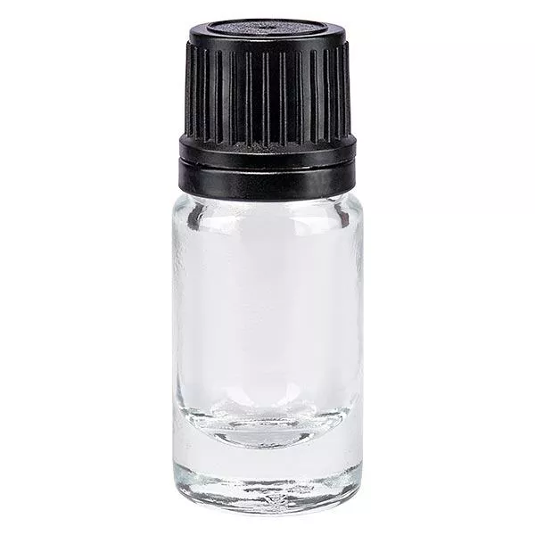 Apoteksflaska klar 5ml droppflaska med hällring 1mm svart manipuleringssäkert lock Apoteksflaska klar 5ml droppflaska med hällring 1mm svart manipuleringssäkert lock
