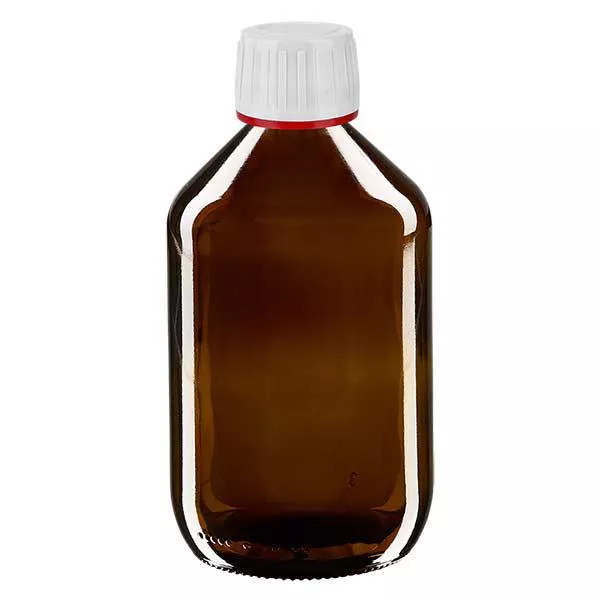 500 ml medicinflaska bärnstensfärgad, vitt lock med manipuleringssäker ring röd ApoGlas 500 ml medicinflaska bärnstensfärgad, vitt lock med manipuleringssäker ring röd ApoGlas
