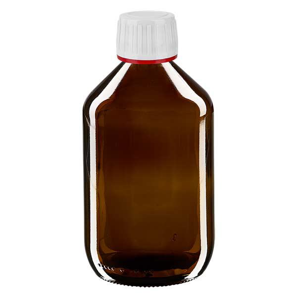 500 ml medicinflaska bärnstensfärgad, vitt lock med manipuleringssäker ring röd ApoGlas 500 ml medicinflaska bärnstensfärgad, vitt lock med manipuleringssäker ring röd ApoGlas