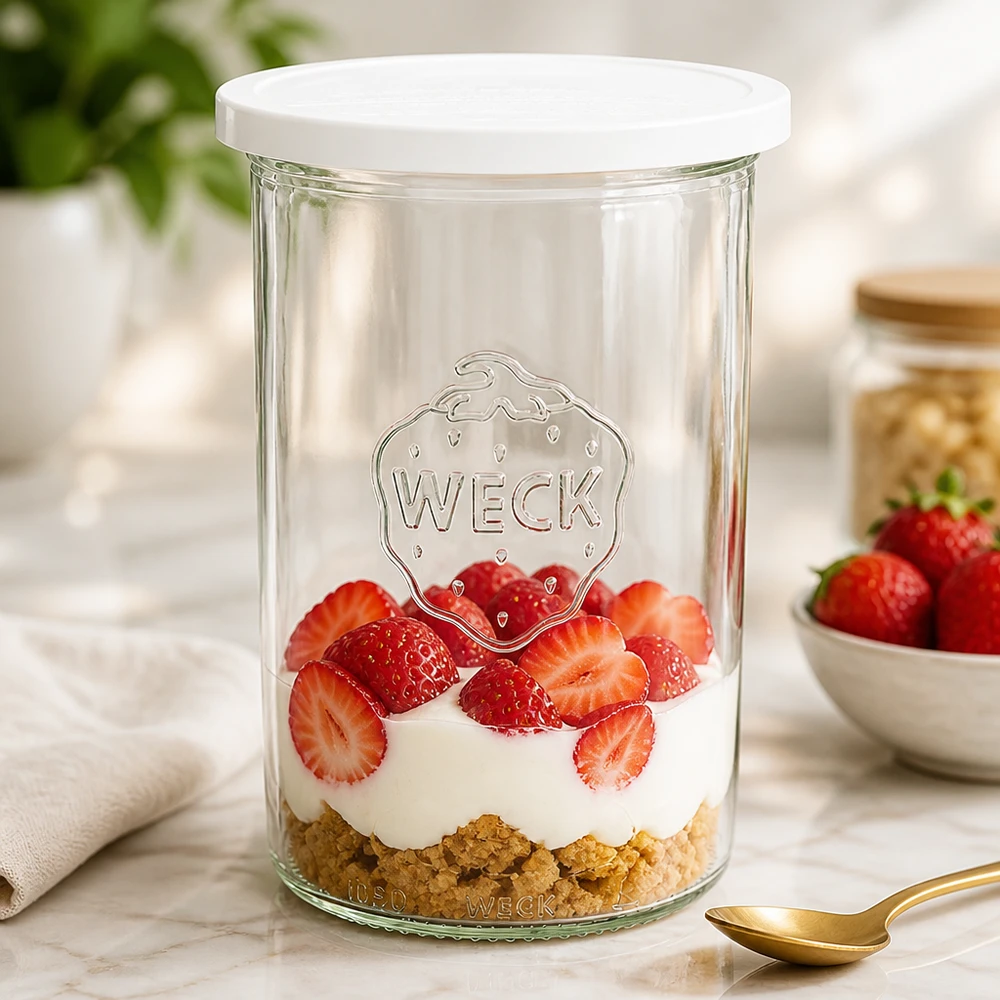 1000ml Krossade glasögon med lock WECK RR100 WECK 1000 ml murarburk som en dessertburk fylld med jordgubbar och grädde visar den mångsidiga användningen av RR100 konserveringsburk
